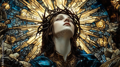 Saint Catherine of Siena portrayed in a breathtaking stained-glass artwork, wearing a crown of thorns and surrounded by bright celestial imagery,