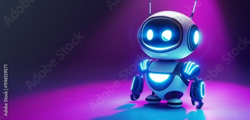 A friendly 3D robot with a sleek design and glowing blue lines, smiling on a purple background with a soft spotlight.