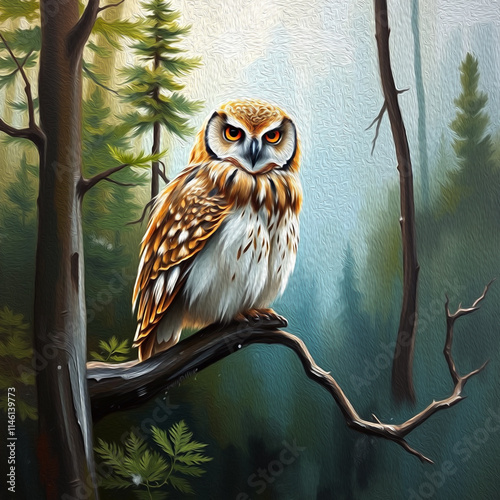 Owl . Oil painting. Logo design for use in graphics. Print on a T-shirt, design for printing on wall decorations. Artistic brush strokes photo