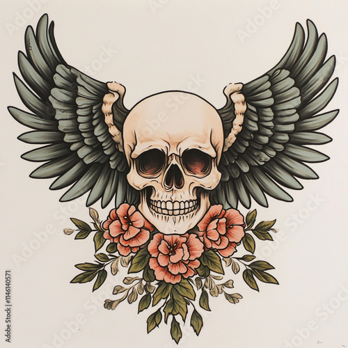 Skull and Wing Chest tattoo flash illustration photo