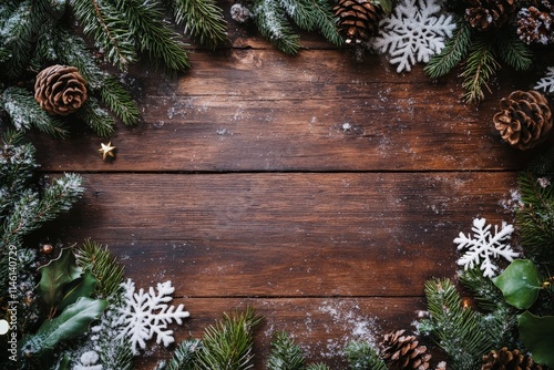 A rustic wood table is decorated with pine branches, cones, and white snowflakes, offering a cozy and warm winter or holiday theme, perfect for festive occasions. photo