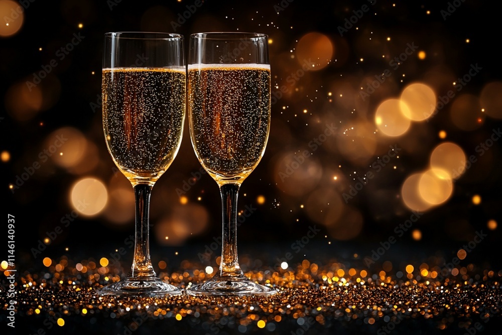 Two champagne flutes stand on a golden glittering surface, with a background of festive bokeh lights, creating a luxurious and celebratory atmosphere Two champagne flutes stand on a golden glittering surface, with a background of festive bokeh lights, creating a luxurious and celebratory atmosphere