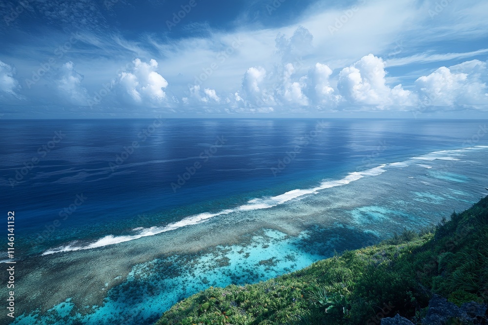 An awe-inspiring ocean vista portraying the vastness of the deep blue sea with dynamic cloud formations above, inviting thoughts of adventure and exploration. An awe-inspiring ocean vista portraying the vastness of the deep blue sea with dynamic cloud formations above, inviting thoughts of adventure and exploration.
