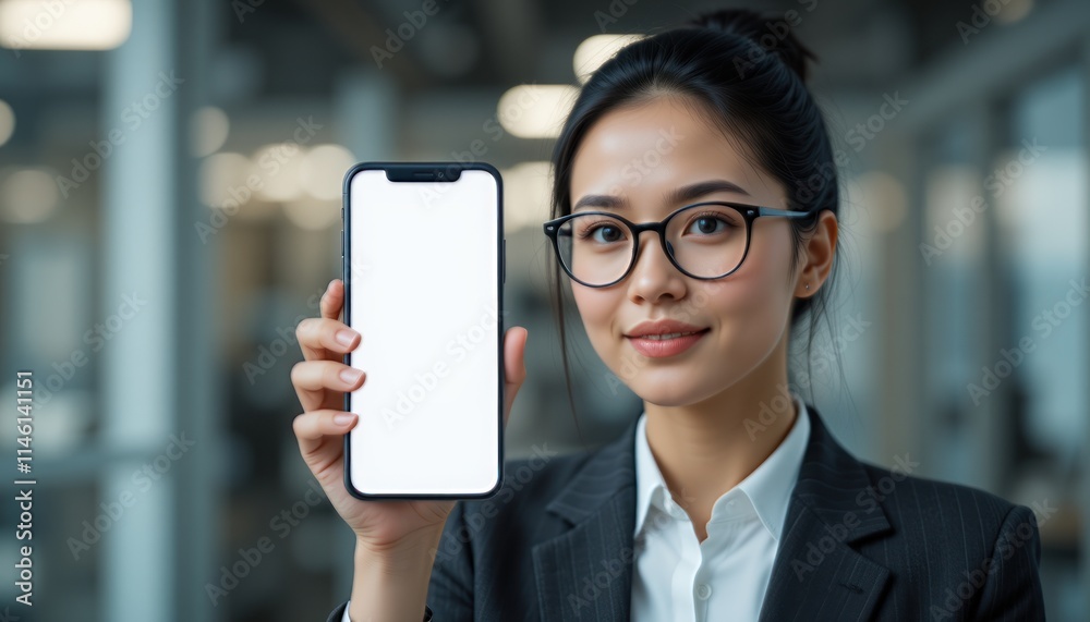 office woman with glasses showing mobile phone with white screen office woman with glasses showing mobile phone with white screen