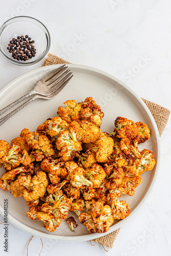 Air Fryer Crispy Cauliflower Top Down Vertical Photo on White Background, Healthy Winter Season Food