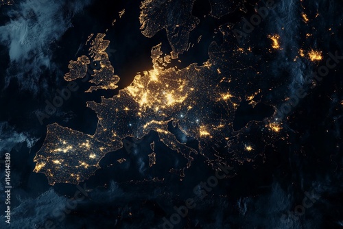 A captivating view of Europe at night, with cities and landmarks illuminated brilliantly from space, demonstrating human development and connectivity across the continent. photo