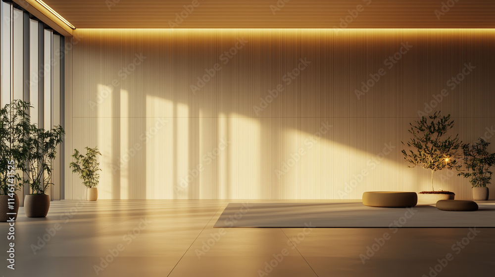 Fototapeta premium Warm sunlight fills a minimalist interior space with plants and cushions in the late afternoon