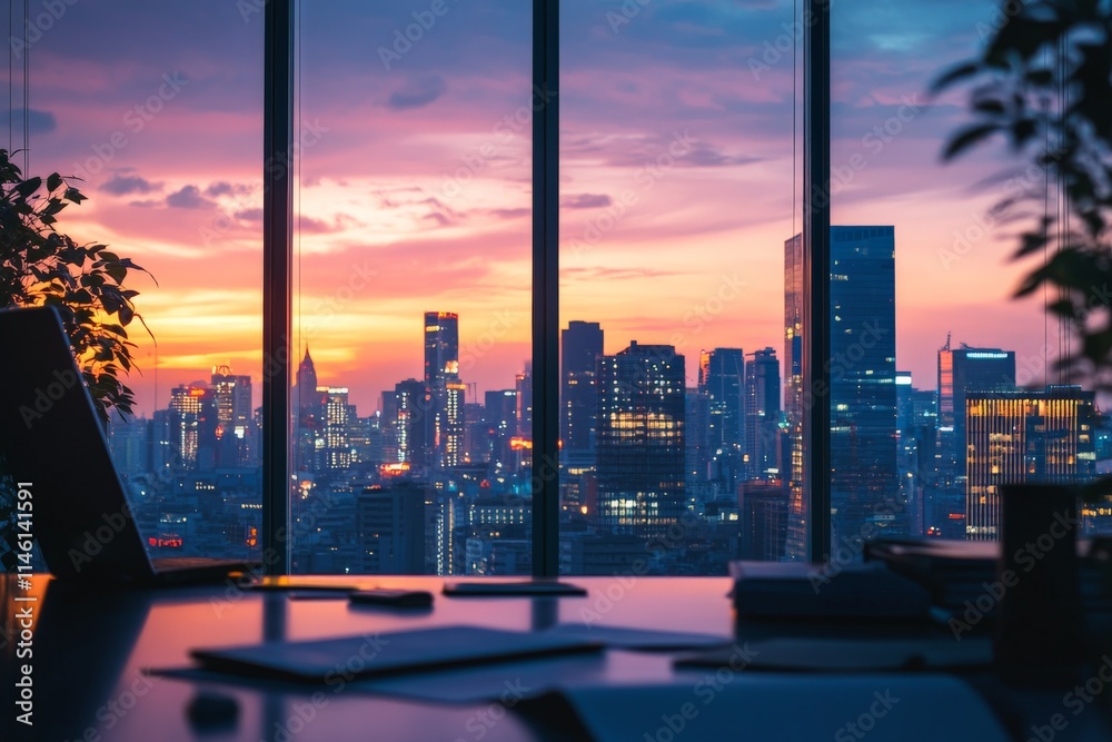Fototapeta premium A serene office features a breathtaking sunset over a city skyline, evoking feelings of tranquility and inspiration amidst the hustle and bustle of urban life.