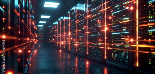 A futuristic data center with rows of glowing servers, connected by streams of light representing data traffic, on a dark background highlighting the dynamic flow.