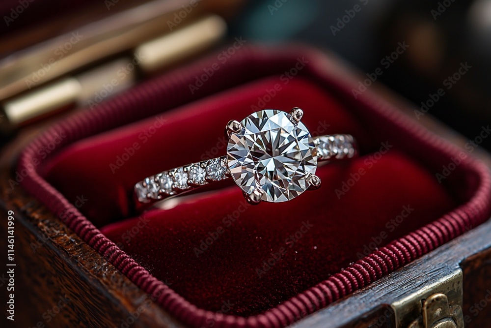 Diamond ring is being presented in a red velvet box, symbolizing love and commitment Diamond ring is being presented in a red velvet box, symbolizing love and commitment