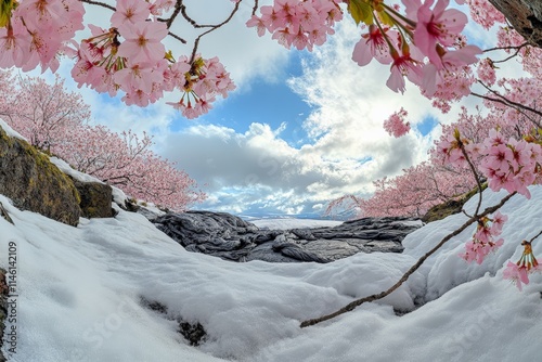 Pink cherry blossoms artfully frame a snow-dusted ledge overlooking a breathtaking vista under a crystal-clear blue sky, portraying a serene and captivating contrast.