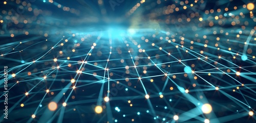 A futuristic data grid with beams of light crisscrossing in multiple directions, representing the high-speed data traffic in a global network.