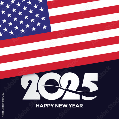 2025 logo design vector with American flag background. happy new year design with American flag