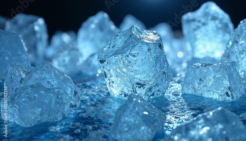 water in ice cubes, Close-up of ice cubes melting, glossy surface, cool blue tones, refreshing aesthetic photo