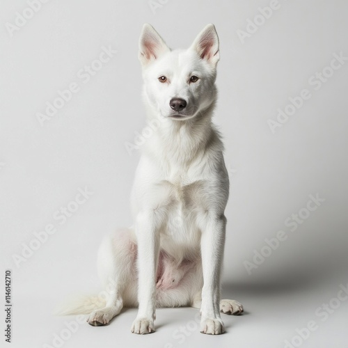 White husky dog sitting against plain background