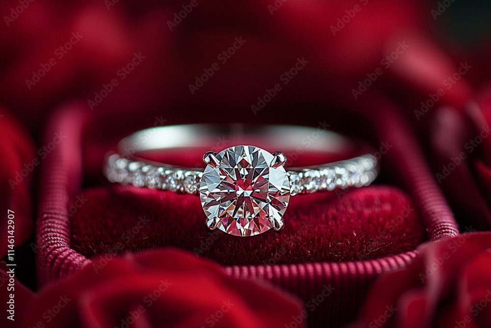 Diamond ring is being presented in a red velvet box, symbolizing love and commitment Diamond ring is being presented in a red velvet box, symbolizing love and commitment