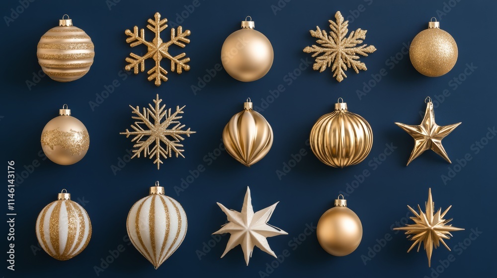 A collection of gold Christmas ornaments displayed against a deep blue background, featuring a decorative snowflake and stars. Perfect for festive, elegant holiday themes A collection of gold Christmas ornaments displayed against a deep blue background, featuring a decorative snowflake and stars. Perfect for festive, elegant holiday themes