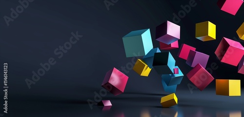 A high-definition 3D render of colorful geometric blocks, floating in mid-air against a sleek dark background, casting realistic shadows and reflections.
