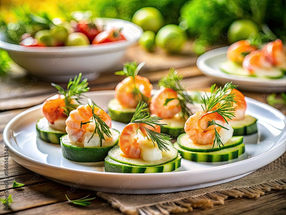 Summer shrimp on cucumber bites, a delectable appetizer elegantly presented and photographed. Summer shrimp on cucumber bites, a delectable appetizer elegantly presented and photographed.