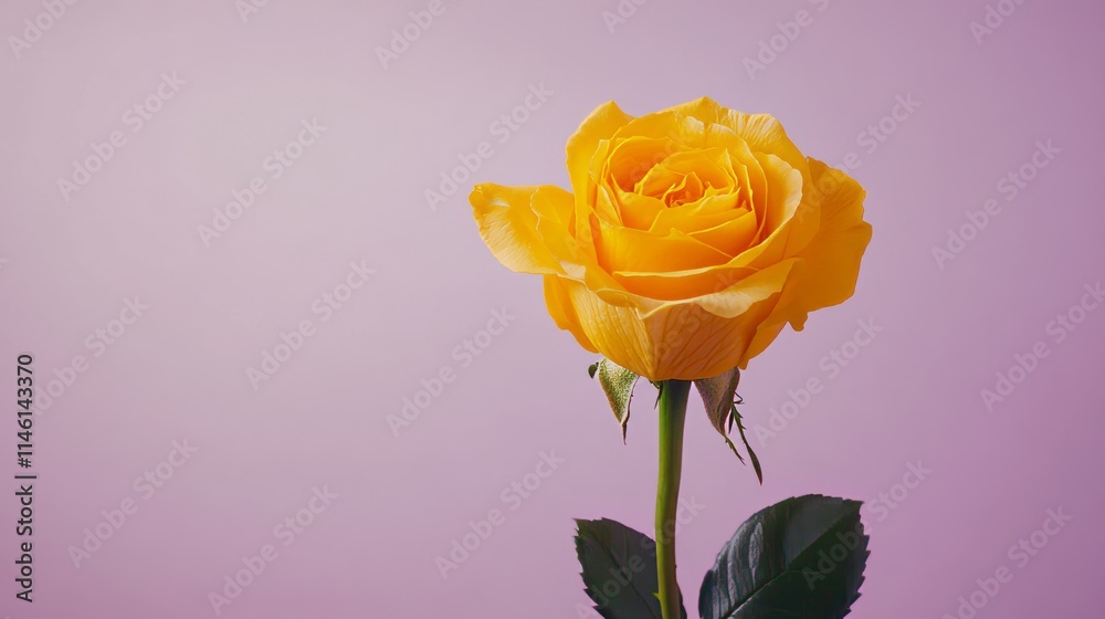 A solitary bright yellow rose isolated against a muted lavender background, close-up shot, Minimalist style A solitary bright yellow rose isolated against a muted lavender background, close-up shot, Minimalist style
