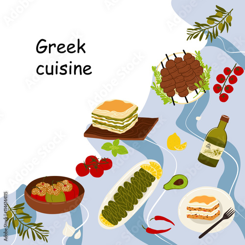 Traditional Greek cuisine. Moussaka, gemista, souvlaki, dolma, spanakopita. Greek cuisine. Food collection