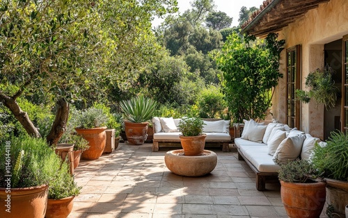 Mediterranean outdoor patio with cozy seating, terracotta pots, and lush greenery