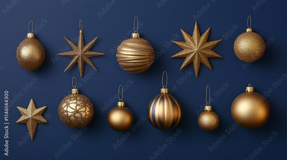 Fototapeta premium A collection of gold Christmas ornaments displayed against a deep blue background, featuring a decorative snowflake and stars. Perfect for festive, elegant holiday themes