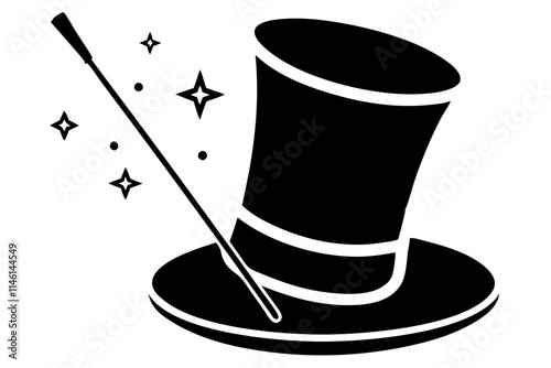 Magic hat and wand silhouette vector illustration 