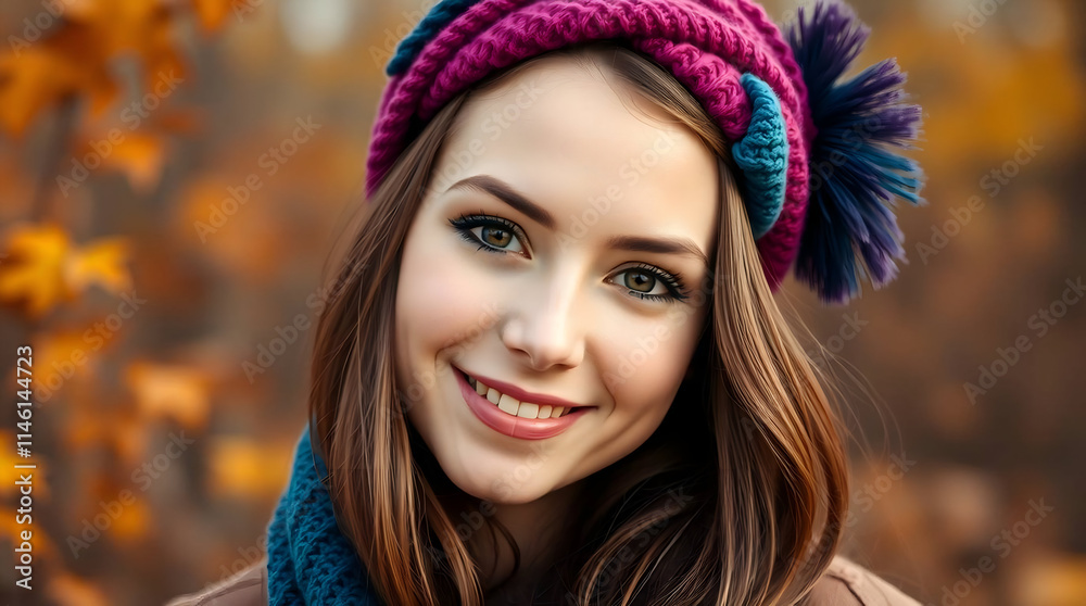 portrait of model with headband featuring magenta, purple and blue accents, soft smile High-resolution , warm autumn colors, professional quality, earthy and cozy feel, portrait of model with headband featuring magenta, purple and blue accents, soft smile High-resolution , warm autumn colors, professional quality, earthy and cozy feel,