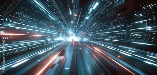 A high-tech data hub with beams of light representing data traffic entering and exiting at high speed, set against a futuristic background.