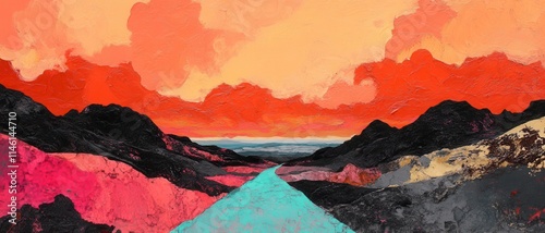 A vibrant landscape featuring bold colors, with striking reds, pinks, and a turquoise path leading through dark mountains towards a distant horizon.