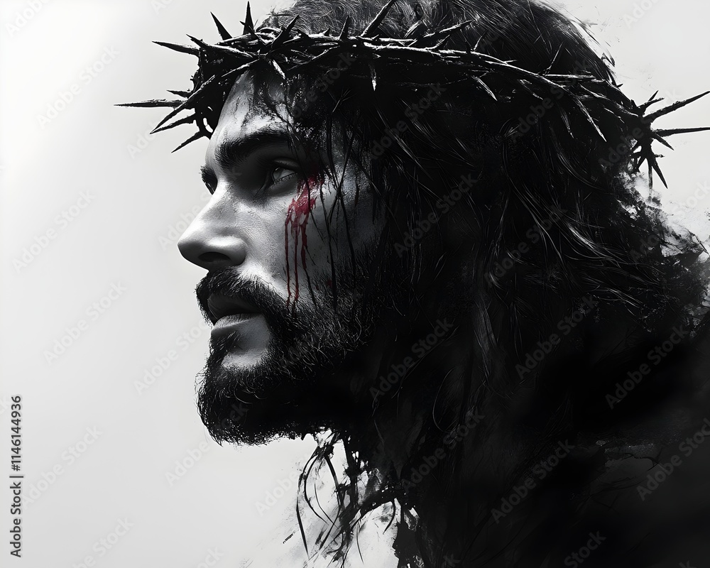 Fototapeta premium jesus christ in crown of thorns portrait in black and white illustration banner. holy savior portrait, jesus christ illustration