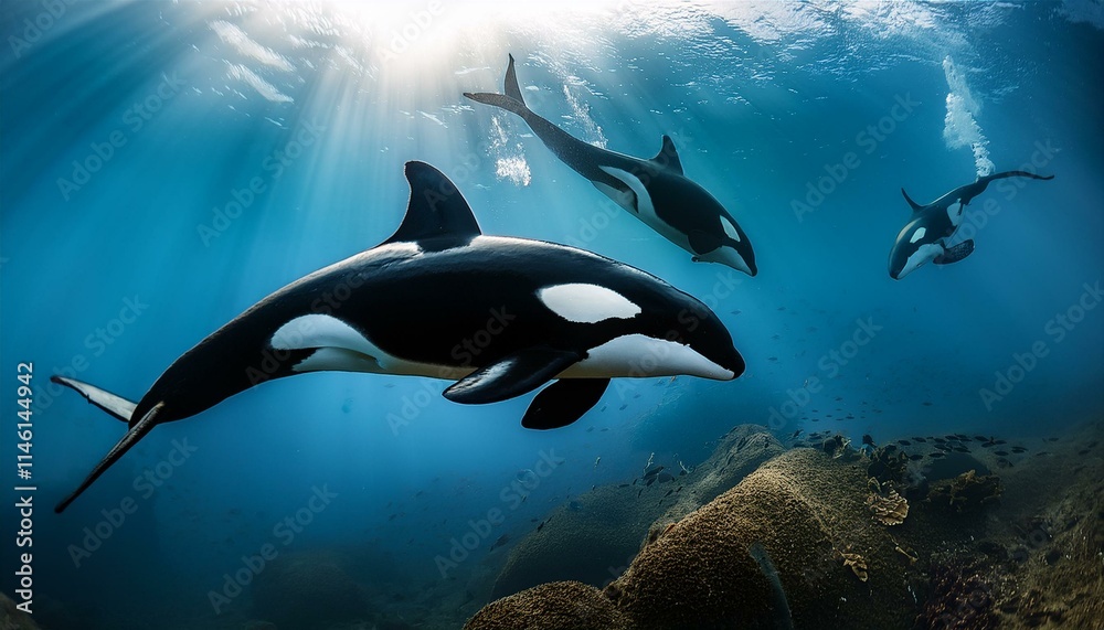 Fototapeta premium Majestic Orcas in Stunning Underwater Scene – Perfect Marine Wildlife Art