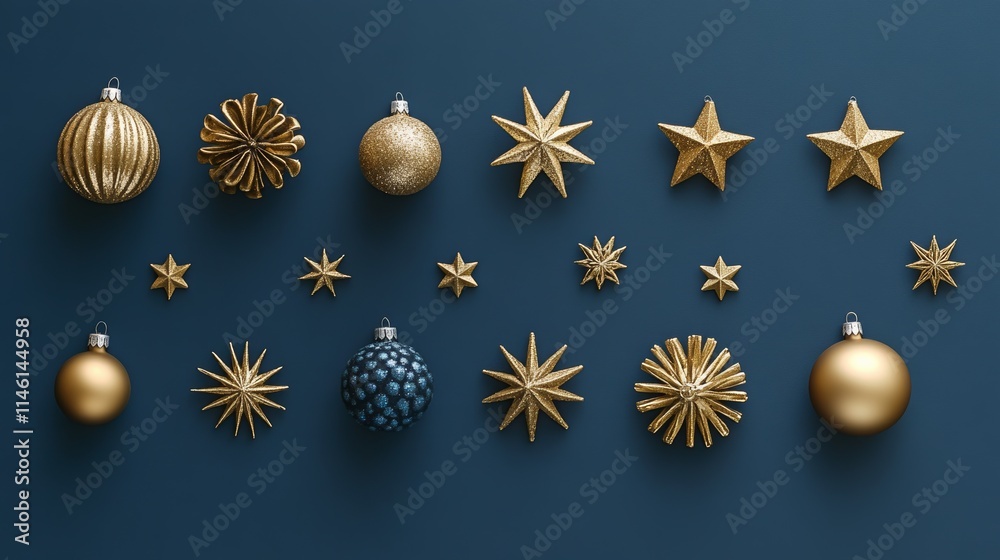 Fototapeta premium A collection of gold Christmas ornaments displayed against a deep blue background, featuring a decorative snowflake and stars. Perfect for festive, elegant holiday themes