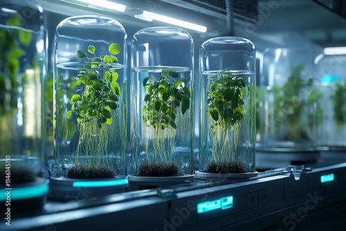Innovative plant cultivation is observed under glass bell jars in a laboratory setting, indicating a new approach to botanical studies and controlled environment agriculture.