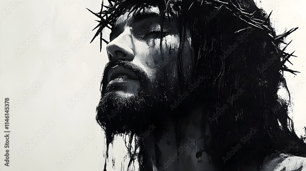 Fototapeta premium jesus christ in crown of thorns portrait in black and white illustration banner. holy savior portrait, jesus christ illustration