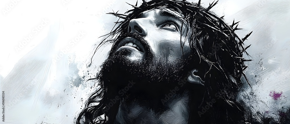 Fototapeta premium jesus christ in crown of thorns portrait in black and white illustration banner. holy savior portrait, jesus christ illustration