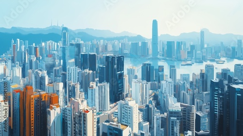 Large panorama, detailed image, traditional Chinese oil painting, promotional poster, obvious oil brushstrokes, blurred outlines, white space art, light style, bird's eye view of the city center.