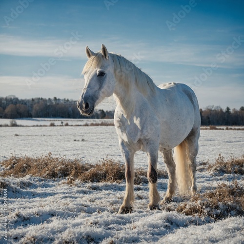 Wallpaper Mural A beautiful white horse standing tall in a snowy field with a blue sky backdrop. Torontodigital.ca