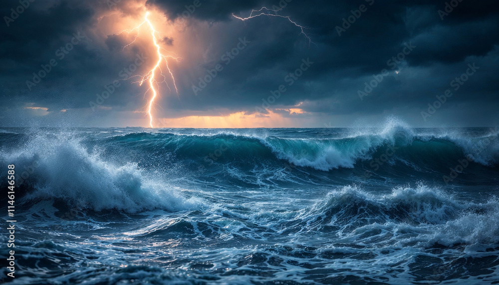 Stormy ocean waves with lightning in the sky Stormy ocean waves with lightning in the sky
