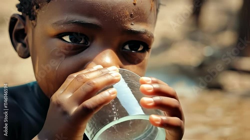 African child drinks water. Selective focus