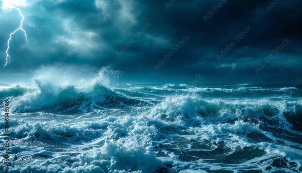 Fototapeta premium Stormy ocean waves with lightning in the sky