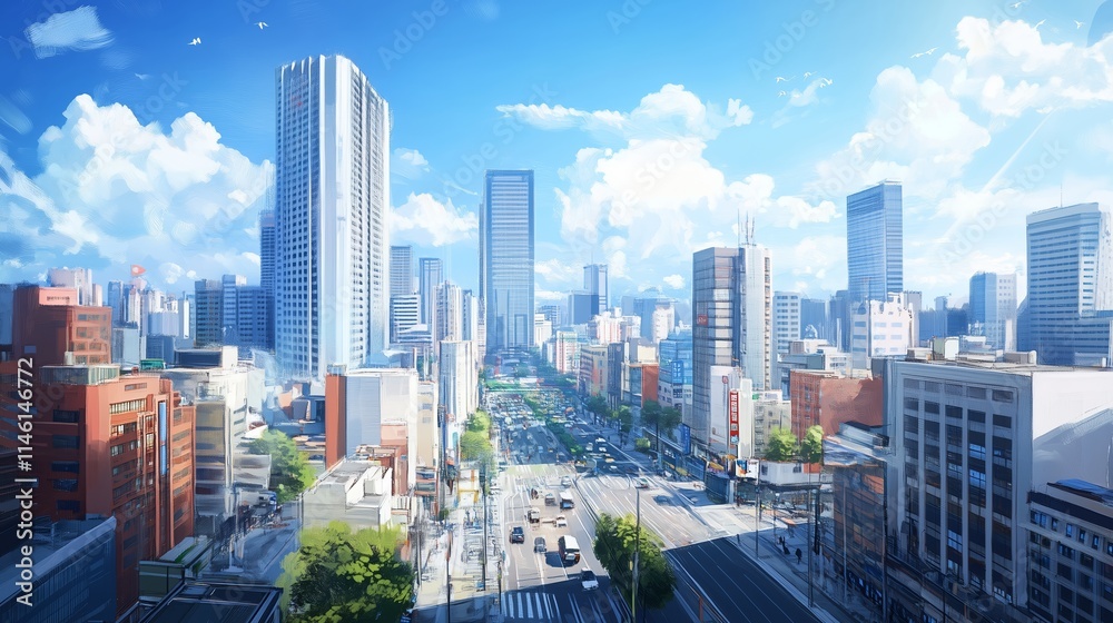 Fototapeta premium Large panorama, detailed image, traditional Chinese oil painting, promotional poster, obvious oil brushstrokes, blurred outlines, white space art, light style, bird's eye view of the city center.