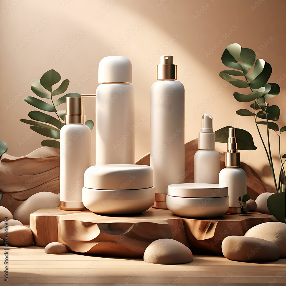 Natural Skincare Collection in Beige Tones product mockup. Natural Skincare Collection in Beige Tones product mockup.