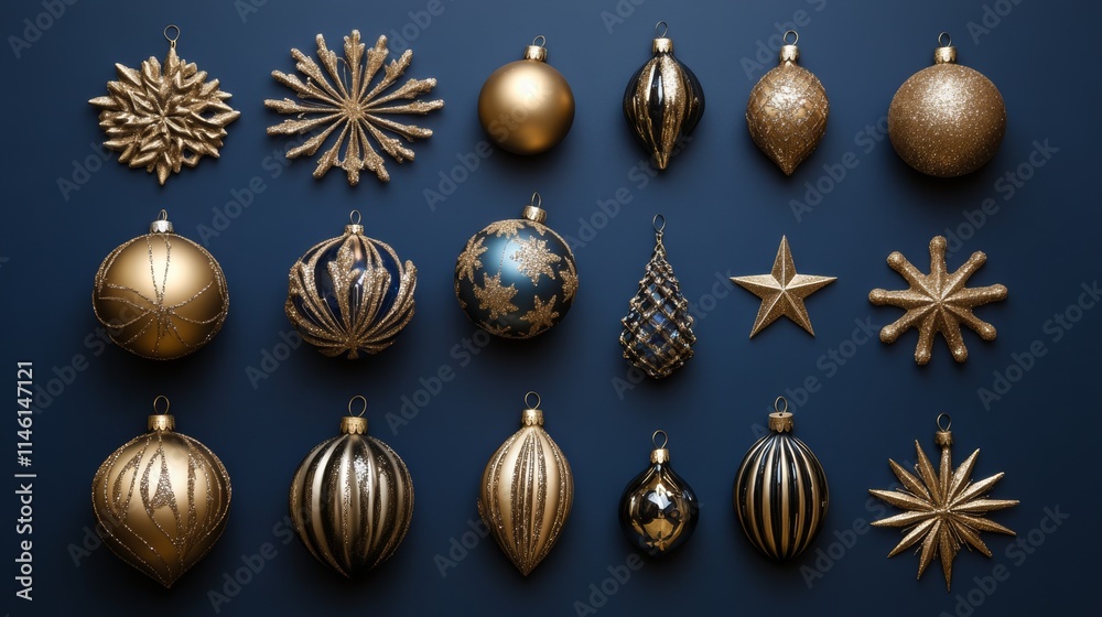 A collection of gold Christmas ornaments displayed against a deep blue background, featuring a decorative snowflake and stars. Perfect for festive, elegant holiday themes A collection of gold Christmas ornaments displayed against a deep blue background, featuring a decorative snowflake and stars. Perfect for festive, elegant holiday themes