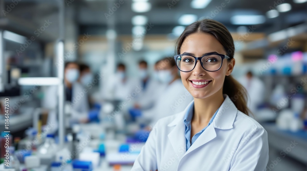 Confident Scientist: A young woman in a lab coat and glasses smiles confidently at the camera, standing amidst a busy laboratory with her colleagues in the background. Confident Scientist: A young woman in a lab coat and glasses smiles confidently at the camera, standing amidst a busy laboratory with her colleagues in the background.
