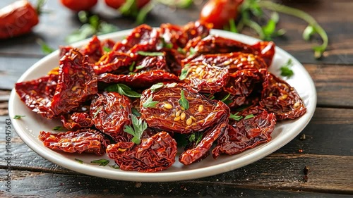 sun-dried tomatoes in a white plate. Selective focus