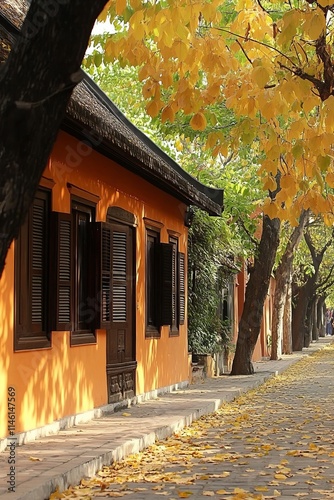 Charming Street in Hoi An Ancient Town, Vietnam Heritage Architecture Bathed in Golden Autumn Light photo