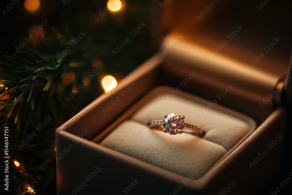 Obraz premium Stunning Close-Up of an Elegant Diamond Engagement Ring in a Luxurious Box Surrounded by Soft Lights and a Festive Atmosphere for Romantic Occasions