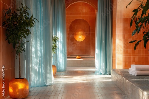 Luxury Bathroom with Teal Curtains, Tiled Floor, and Orange Accent Wall, Showcasing Bathtub and Bench